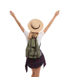 Photo of Woman with backpack and straw hat on white background, back view. Summer travel