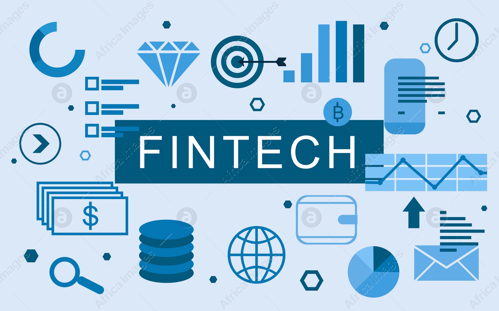 Illustration of Fintech concept.  different icons on light background