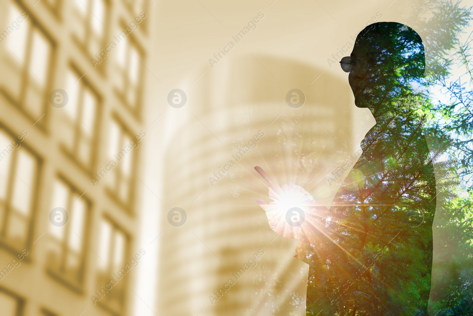 Image of Double exposure of businesswoman and green fir tree in city