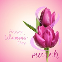 Image of 8 March - Happy International Women's Day. Card design with tulip flowers on pink gradient background