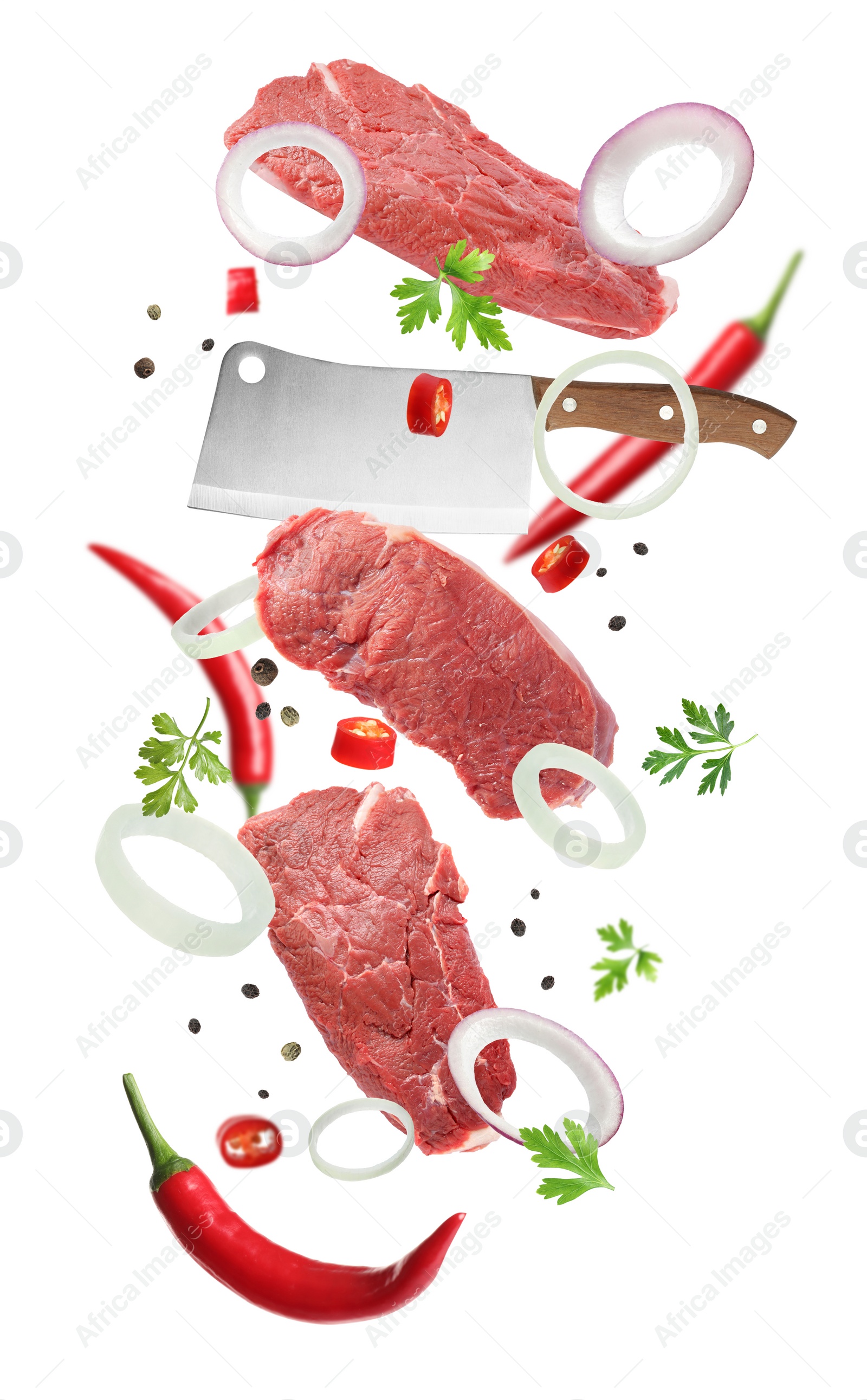 Image of Beef meat, different spices and cleaver knife falling on white background