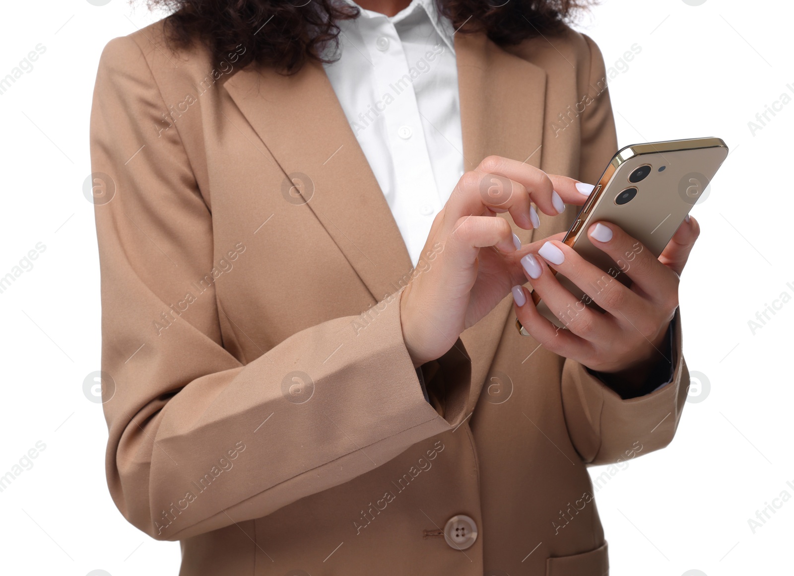 Photo of Woman sending message via smartphone isolated on white, closeup