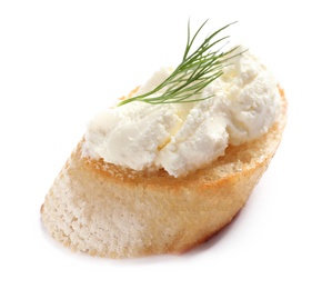 Piece of baguette with tasty cream cheese and dill on white background