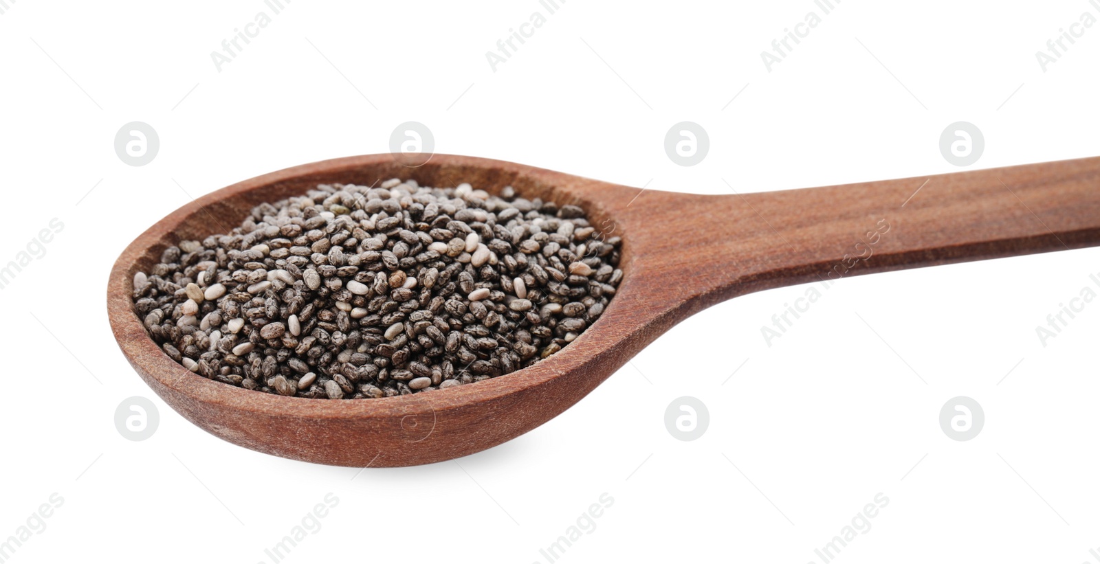 Photo of Wooden spoon with chia seeds on white background