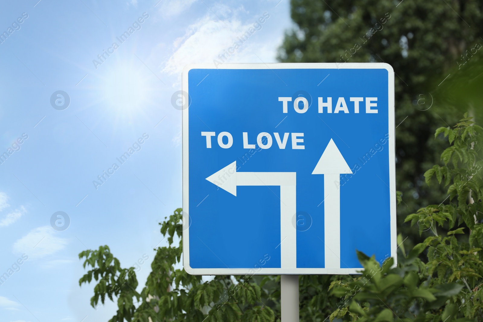 Image of Road sign with different directions - TO HATE or TO LOVE outdoors