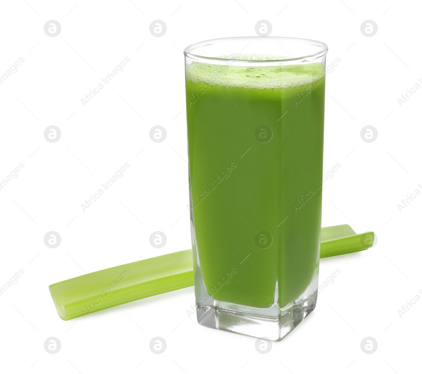 Photo of Glass of celery juice and fresh vegetable on white background