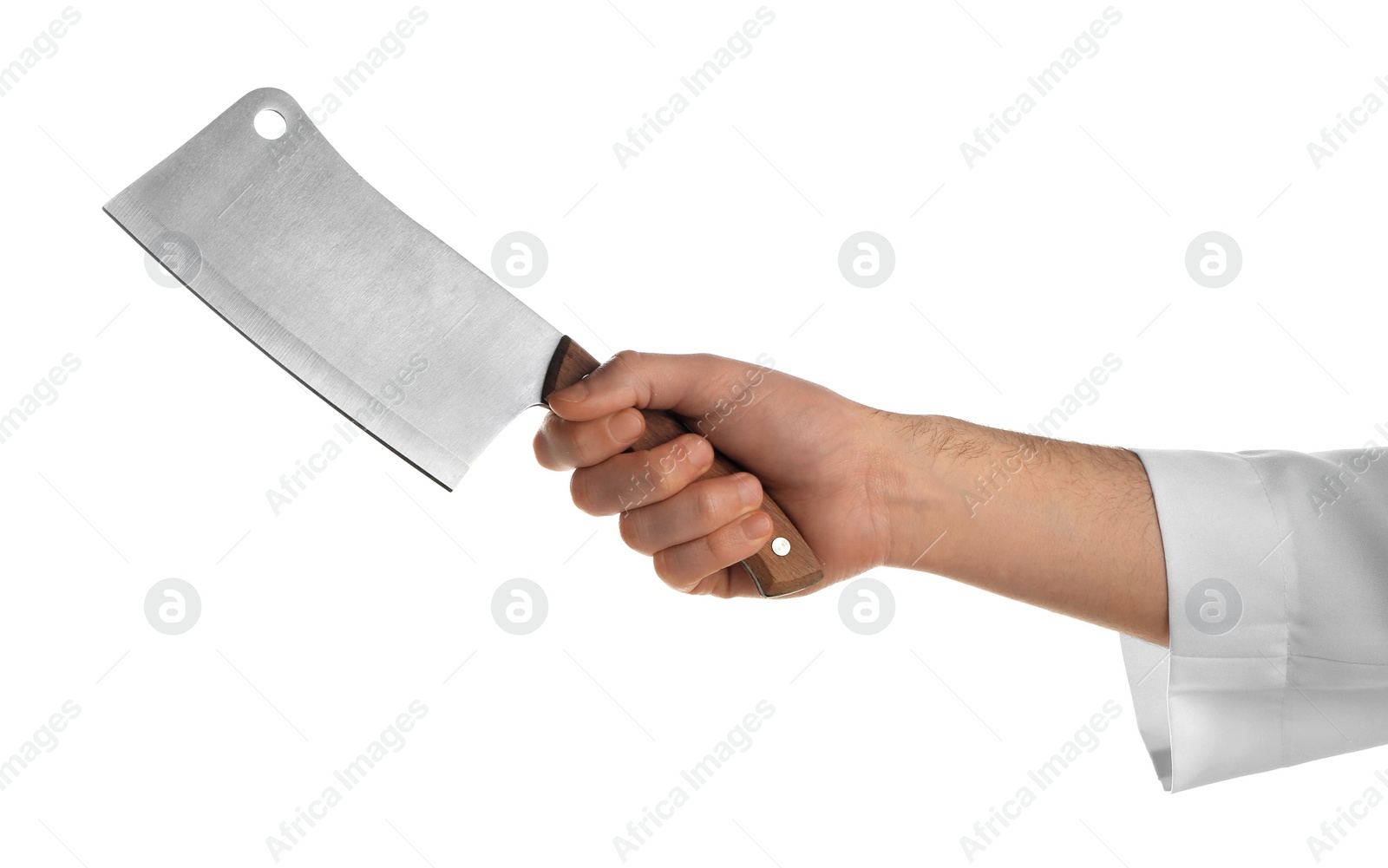 Photo of Man holding cleaver knife on white background, closeup