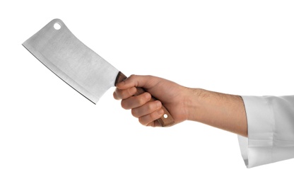 Photo of Man holding cleaver knife on white background, closeup