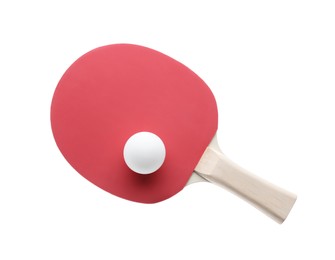 Photo of Ping pong racket and ball isolated on white, top view