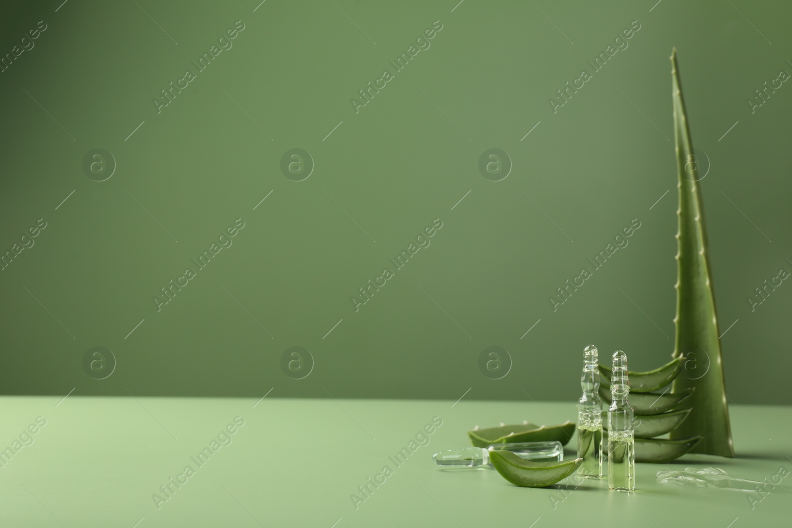 Photo of Skincare ampoules with extract of aloe vera and cut green leaves on color background. Space for text