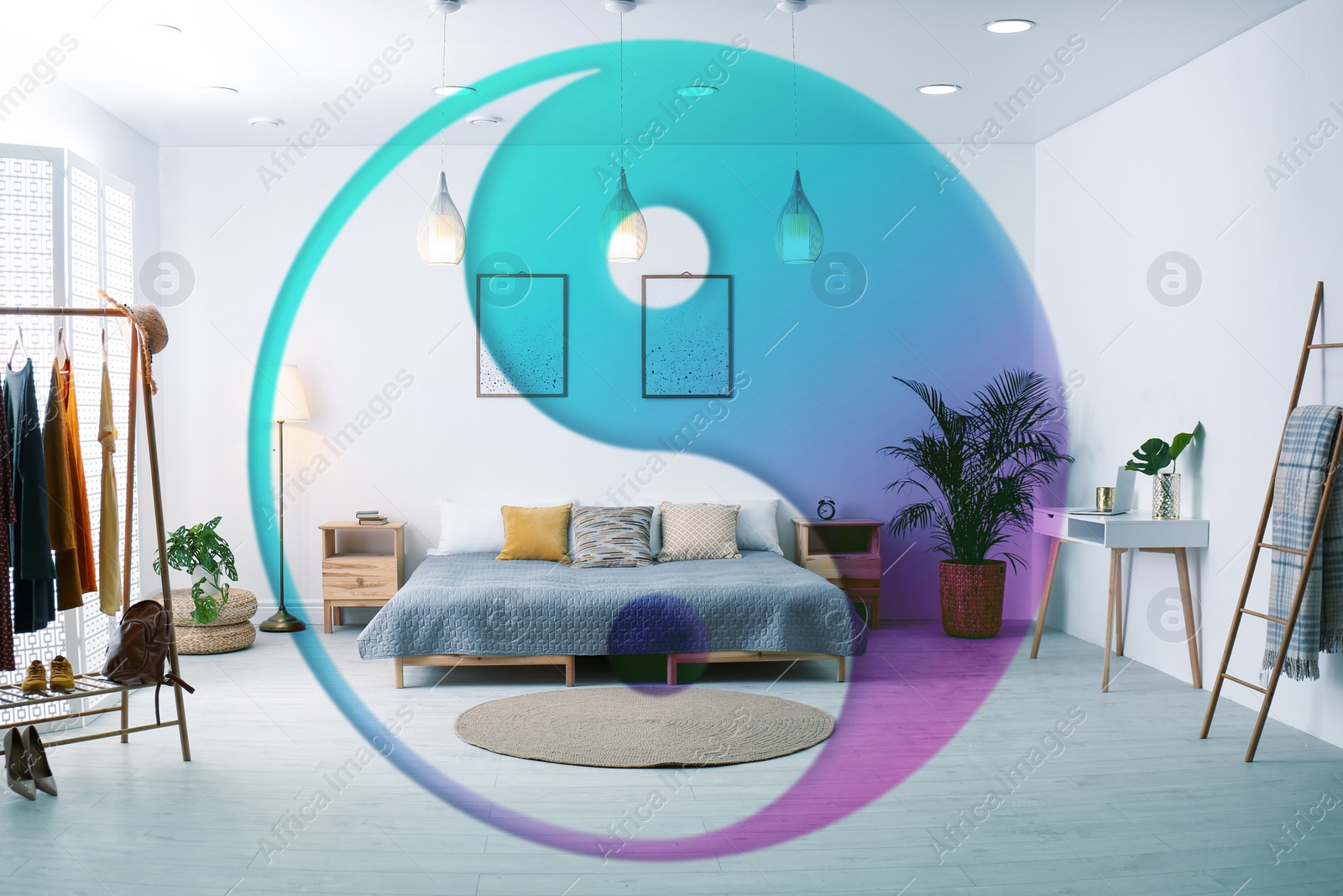 Image of Stylish bedroom interior and Yin Yang symbol. Feng Shui philosophy 