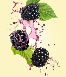 Image of Fresh blackberries and juice in air on pastel yellow background