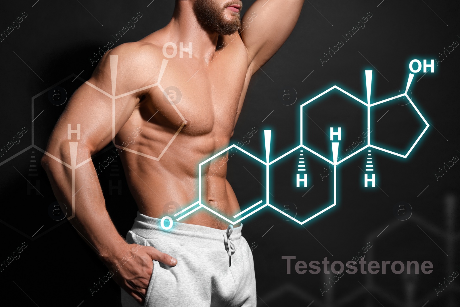 Image of Muscular man and structural formula of testosterone on black background, closeup