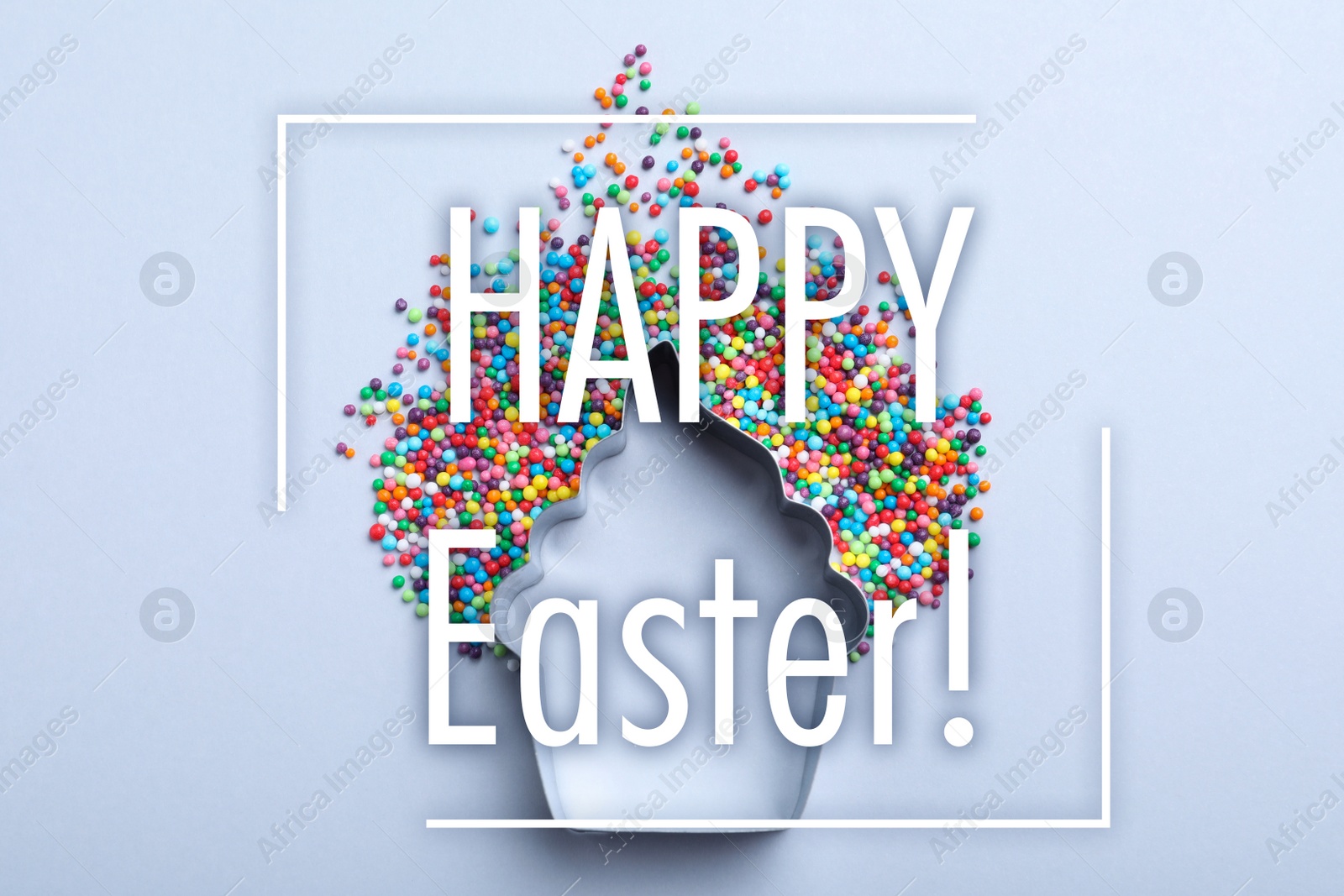 Image of Text Happy Easter, cupcake shaped cutter and sprinkles on light blue background, flat lay. Confectionery decor