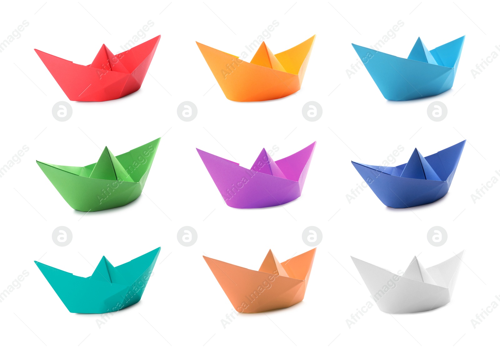 Image of Set with multicolor paper boats on white background