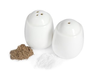 Photo of Two shakers with pepper and salt isolated on white