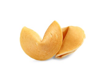 Photo of Traditional fortune cookies with prediction on white background