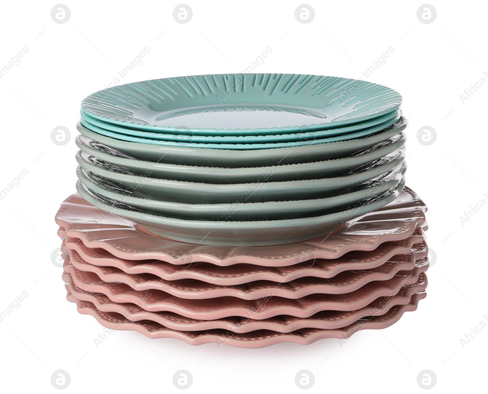 Photo of Stack of beautiful ceramic plates isolated on white