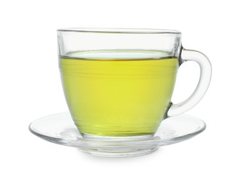 Photo of Fresh green tea in glass cup and saucer isolated on white