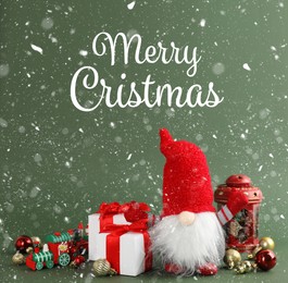Image of Merry Christmas! Cute gnome, gift boxes and festive decor on green background
