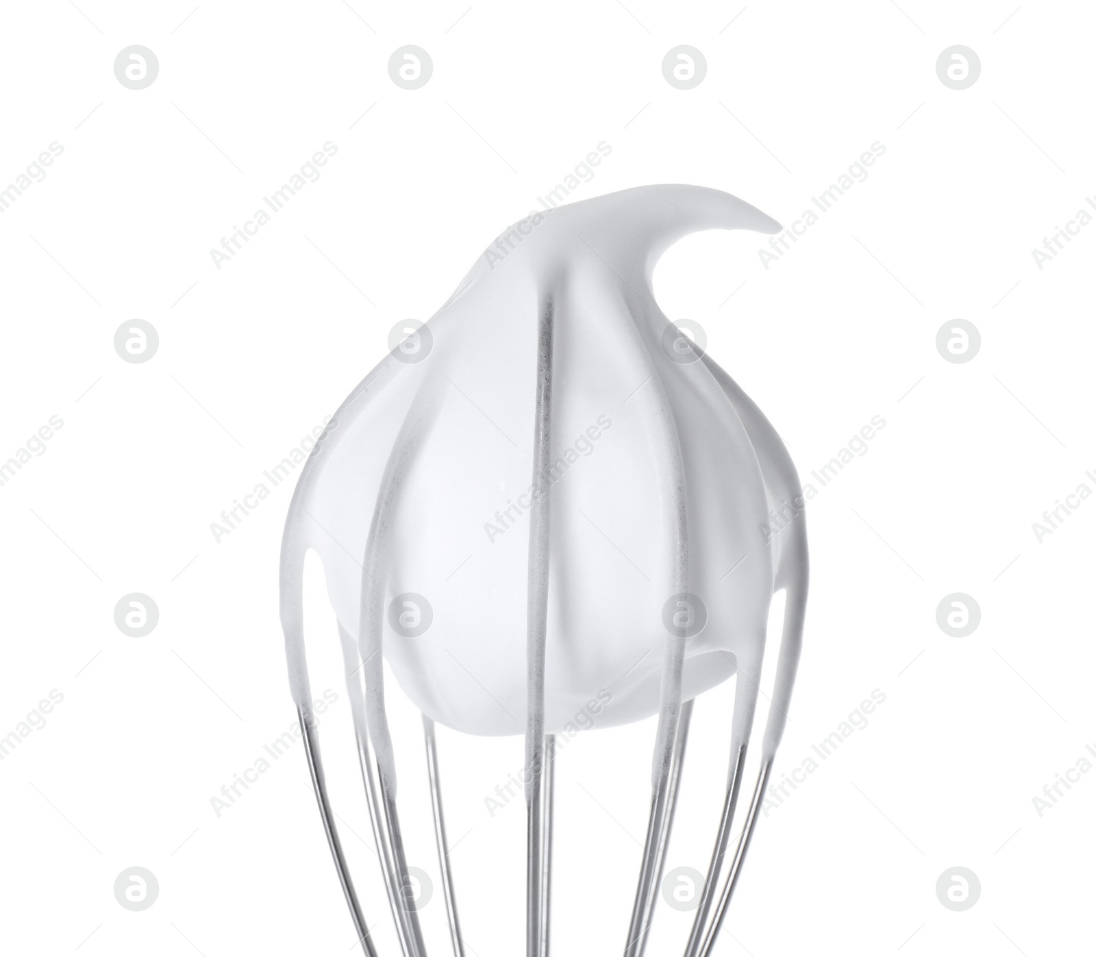 Photo of Whisk with whipped cream isolated on white