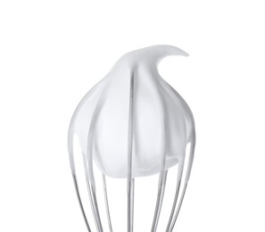 Photo of Whisk with whipped cream isolated on white