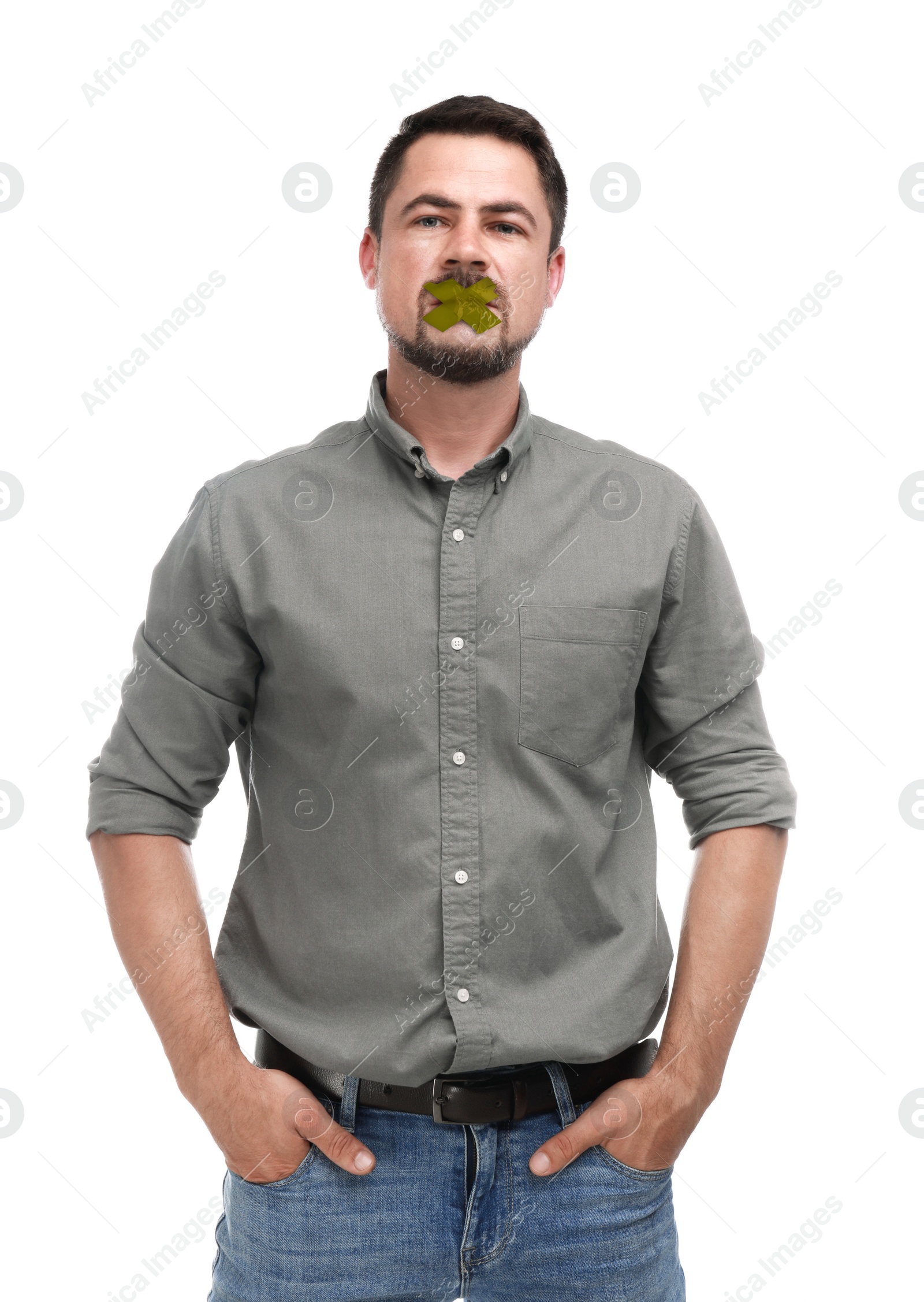 Image of Mature man with taped mouth on white background. Speech censorship