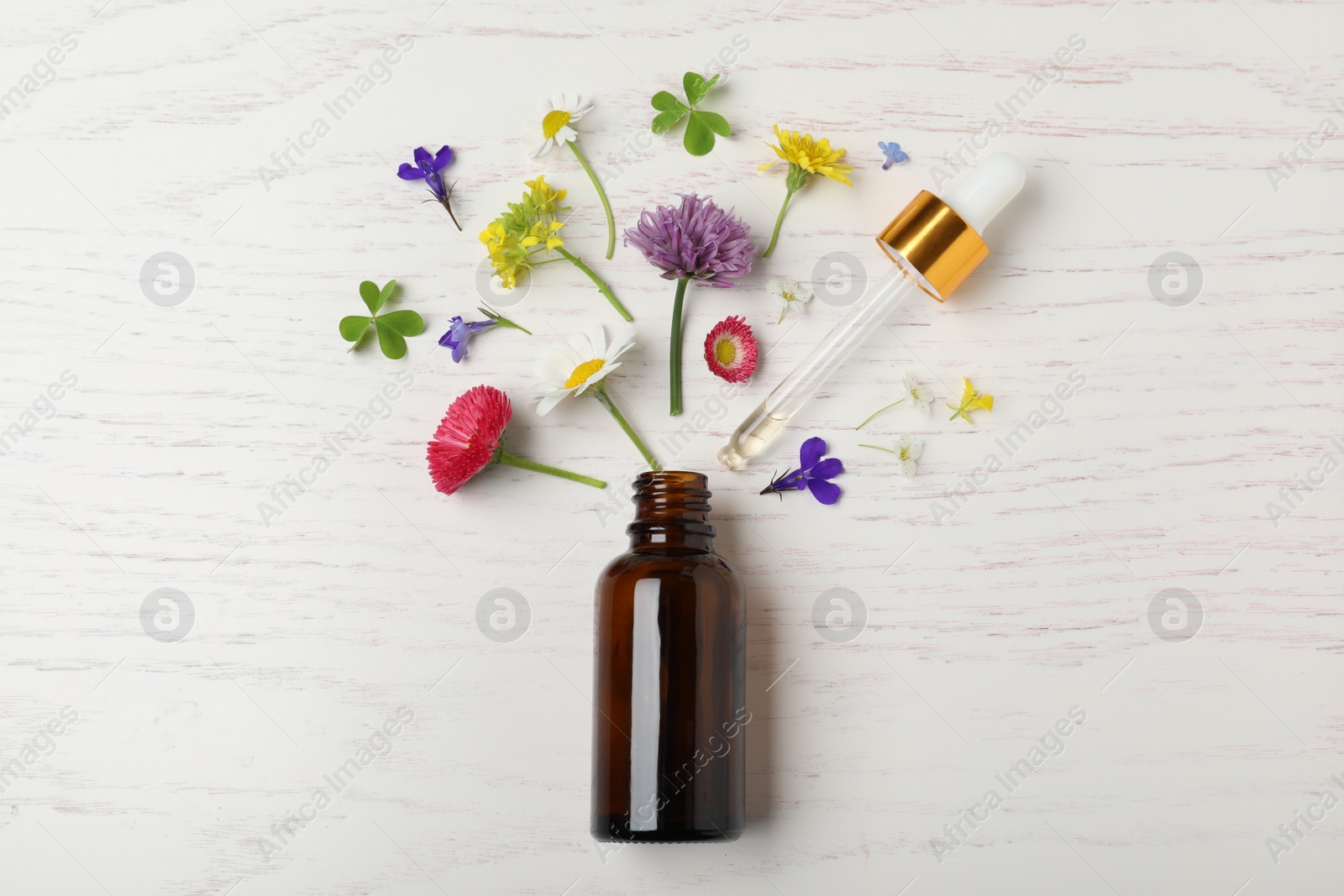 Photo of Bottle of essential oil and different flowers on white wooden background, flat lay