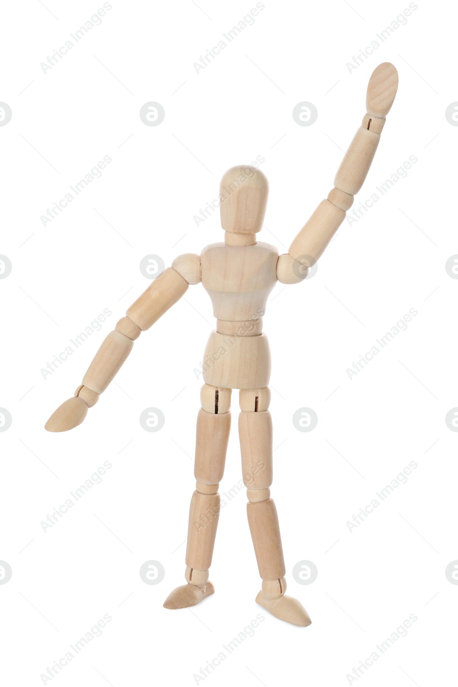 Photo of Wooden human model isolated on white. Mini mannequin