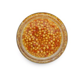 Fresh whole grain mustard in jar isolated on white, top view