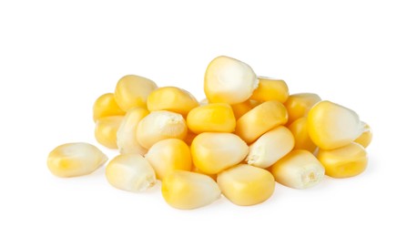 Photo of Pile of tasty fresh corn kernels on white background