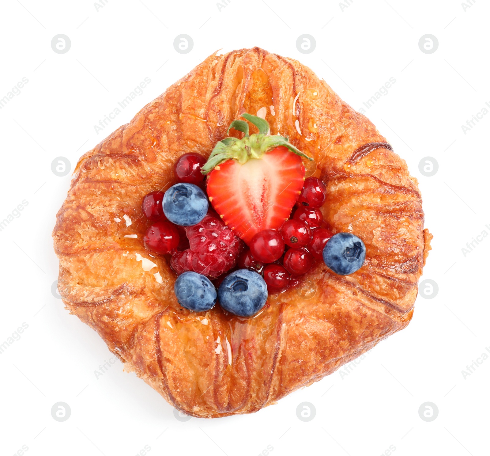 Photo of Fresh delicious puff pastry with sweet berries on white background, top view