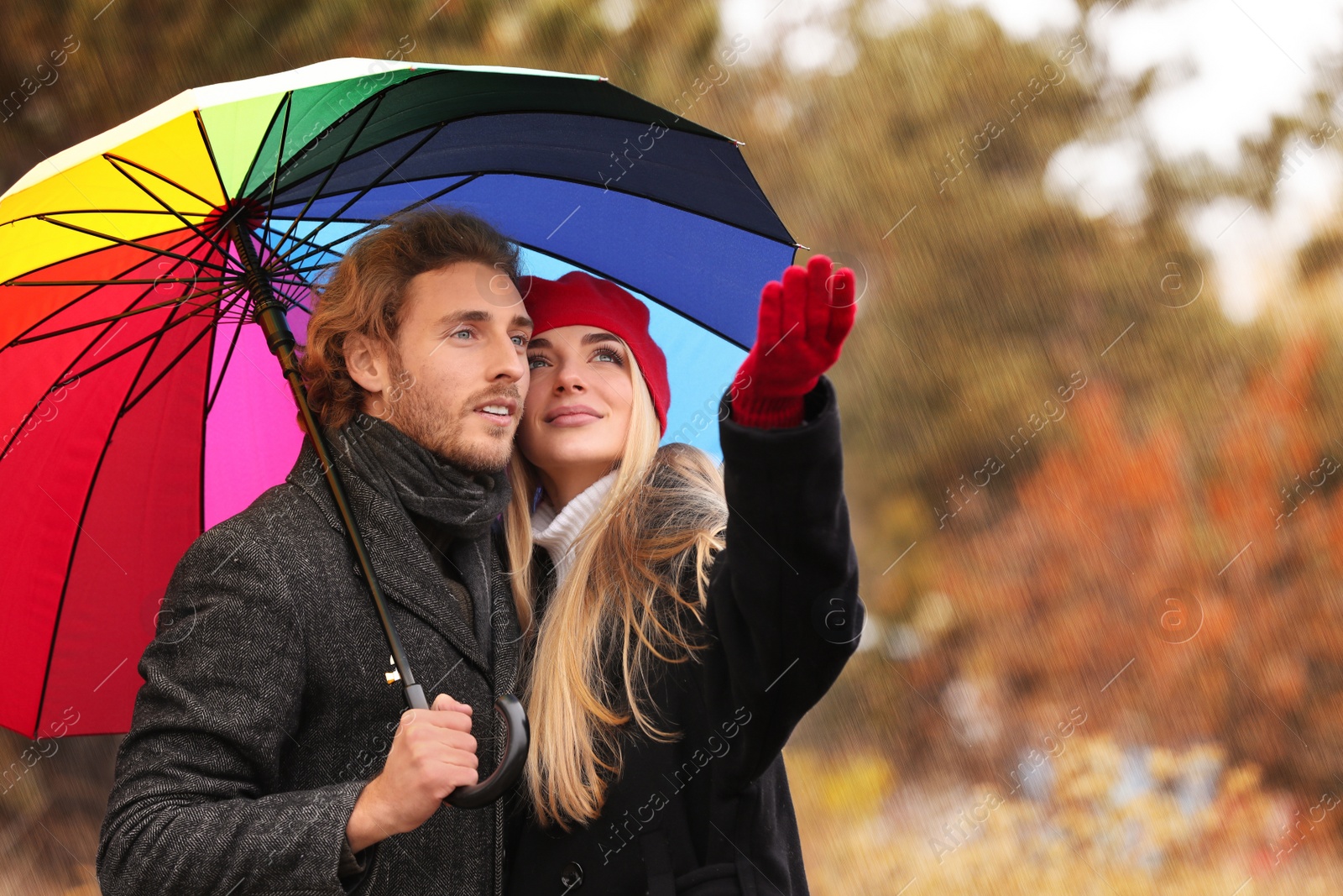 Photo of Young romantic couple with umbrella outdoors on autumn day