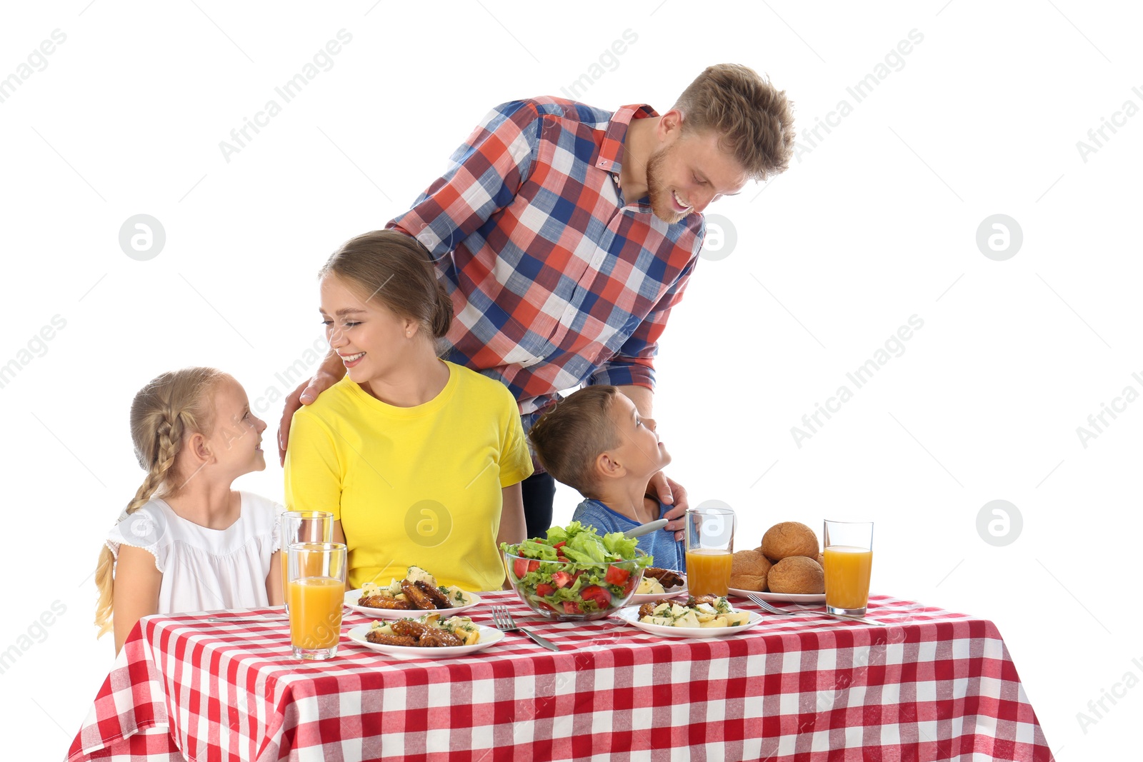 Photo of Happy family having picnic at table on white background