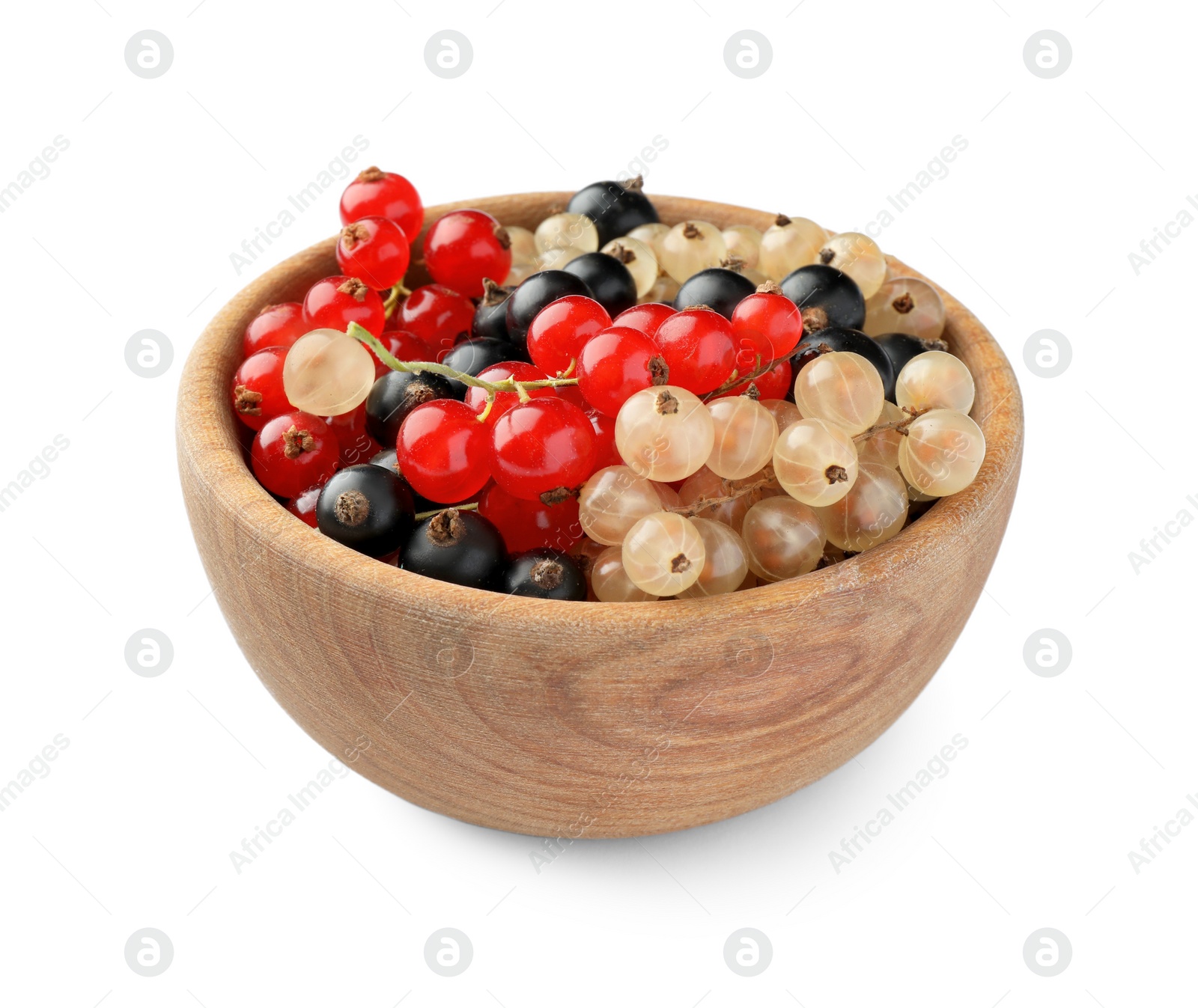 Photo of Bowl with fresh red, white and black currants isolated on white