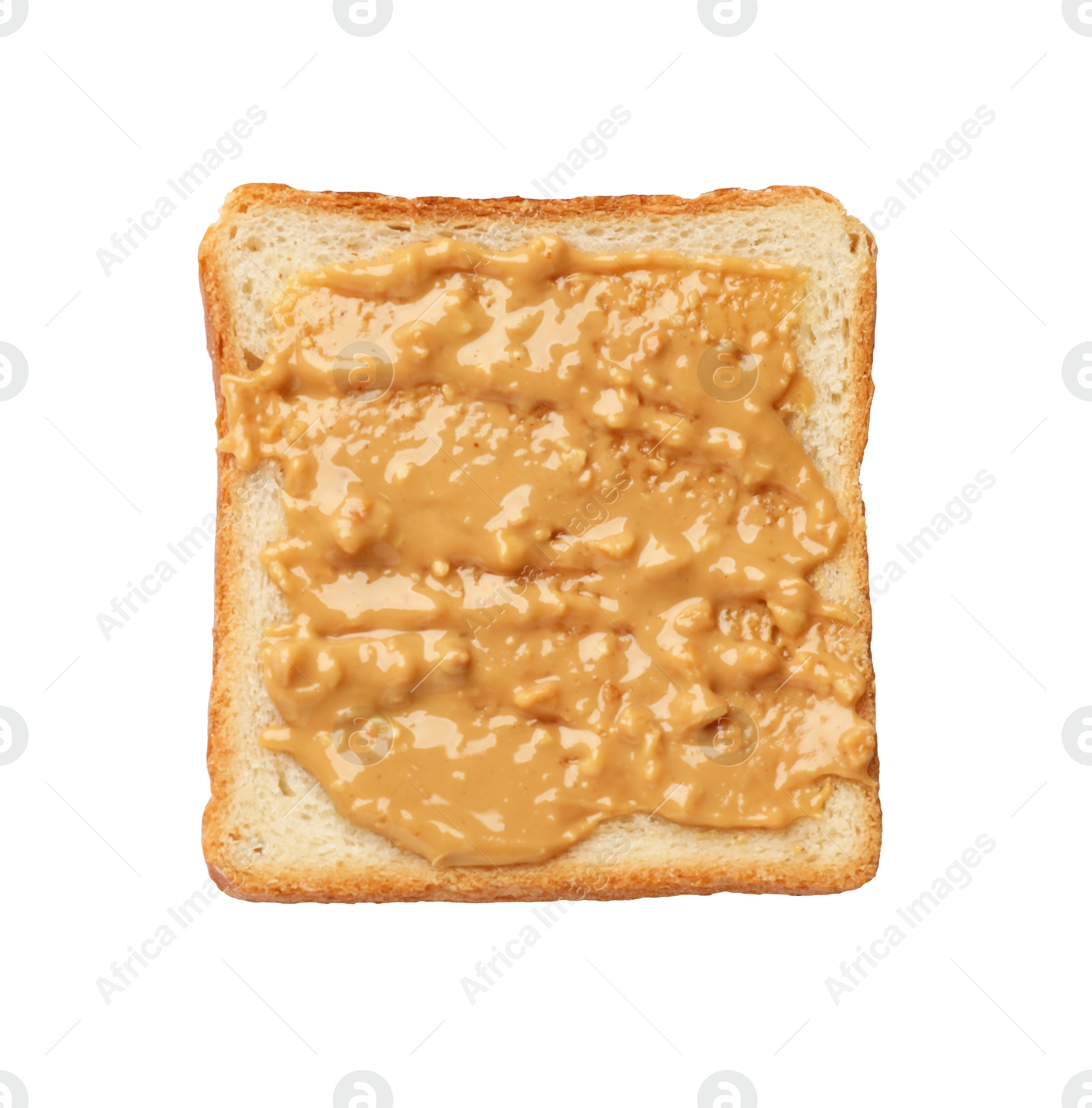 Photo of Delicious toast with peanut butter isolated on white, top view