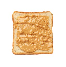 Photo of Delicious toast with peanut butter isolated on white, top view