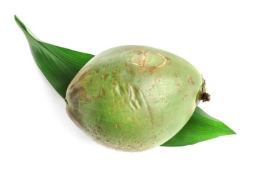 Photo of Fresh green coconut with leaf on white background