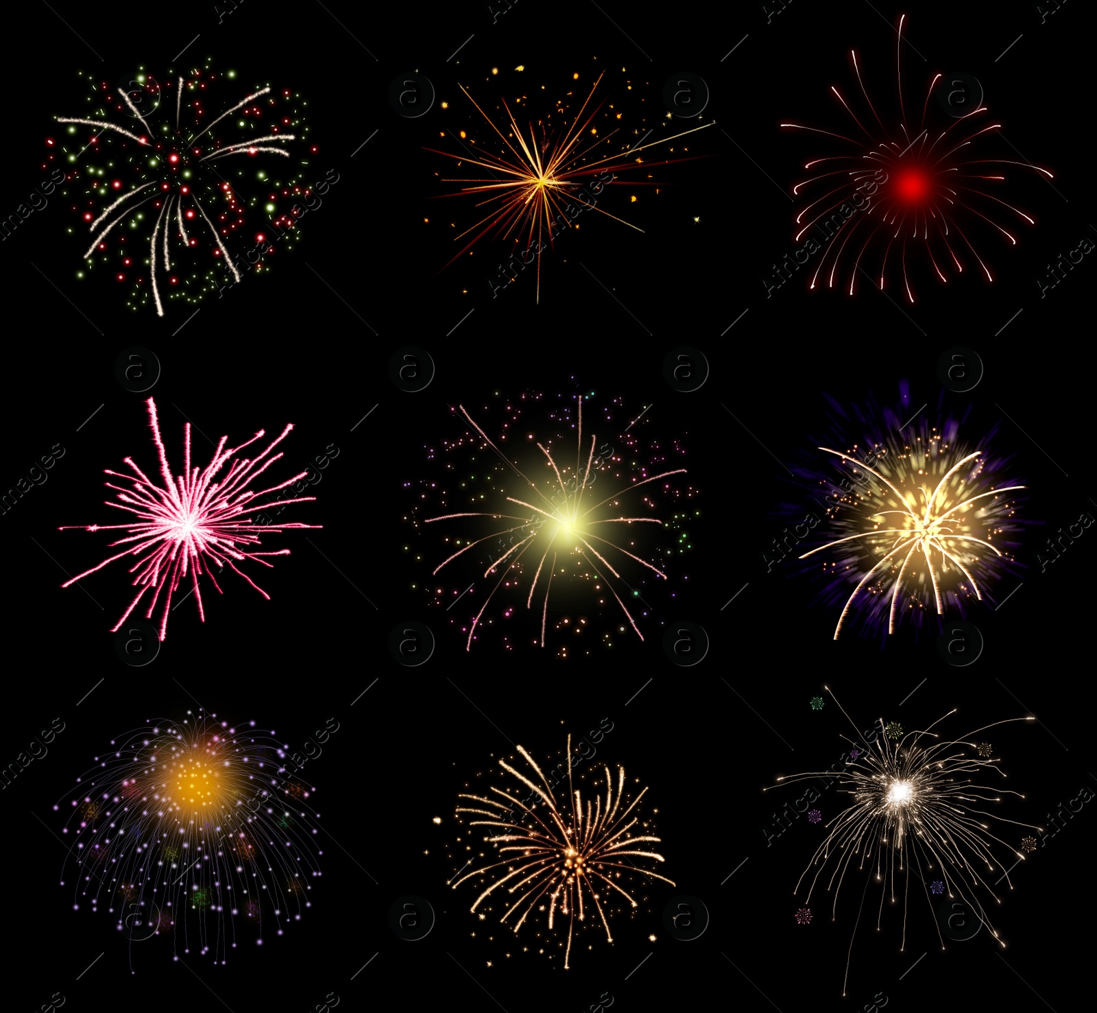 Image of Beautiful bright fireworks on black background, collage. Illustration