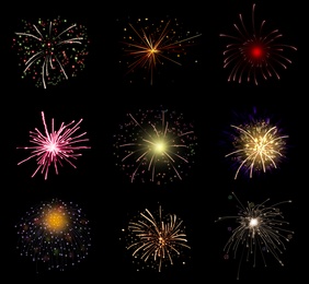 Image of Beautiful bright fireworks on black background, collage. Illustration