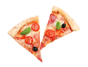 Photo of Slices of delicious pizza Diablo isolated on white, top view