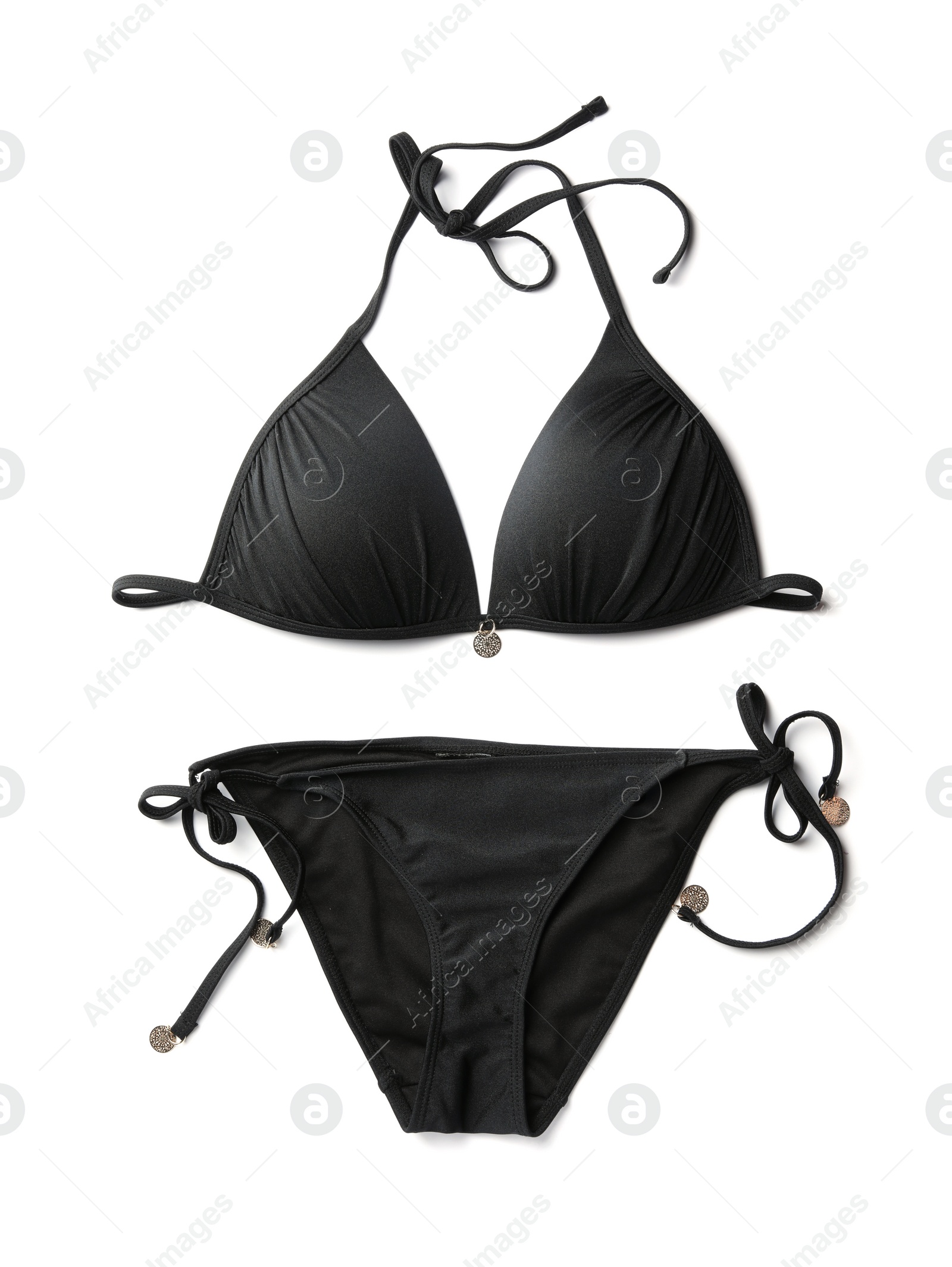 Photo of Stylish black bikini on white background, top view