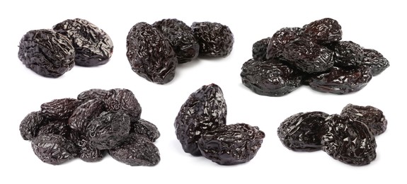 Image of Set with sweet dried prunes on white background. Banner design