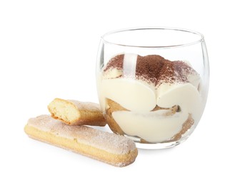 Photo of Delicious tiramisu in glass and biscuits isolated on white