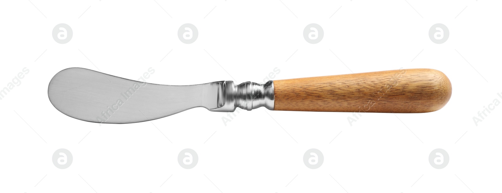 Photo of Soft cheese knife with wooden handle isolated on white