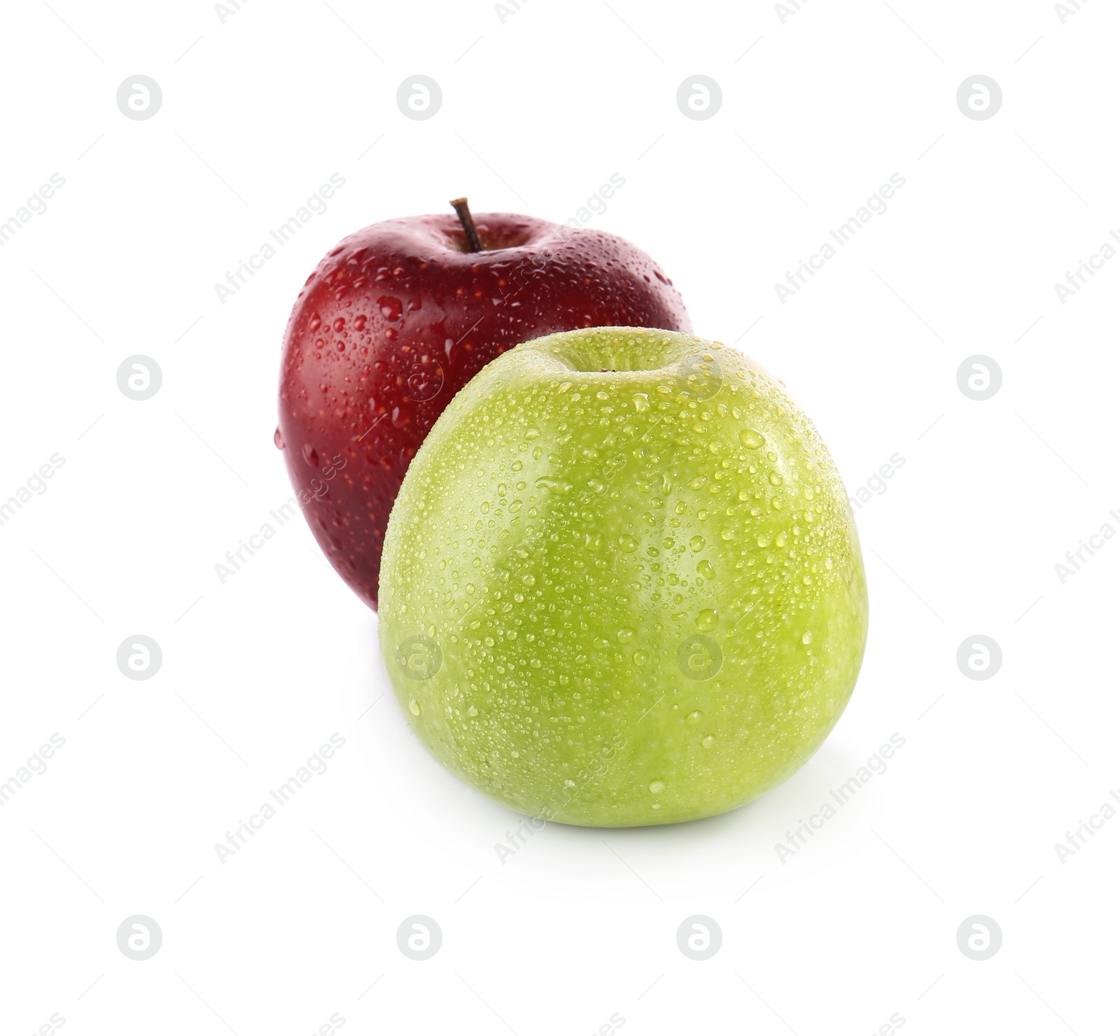 Photo of Fresh juicy green and red apples with water drops isolated on white