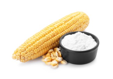 Photo of Bowl with corn starch, ripe cob and kernels isolated on white