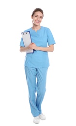 Full length portrait of medical doctor with clipboard isolated on white