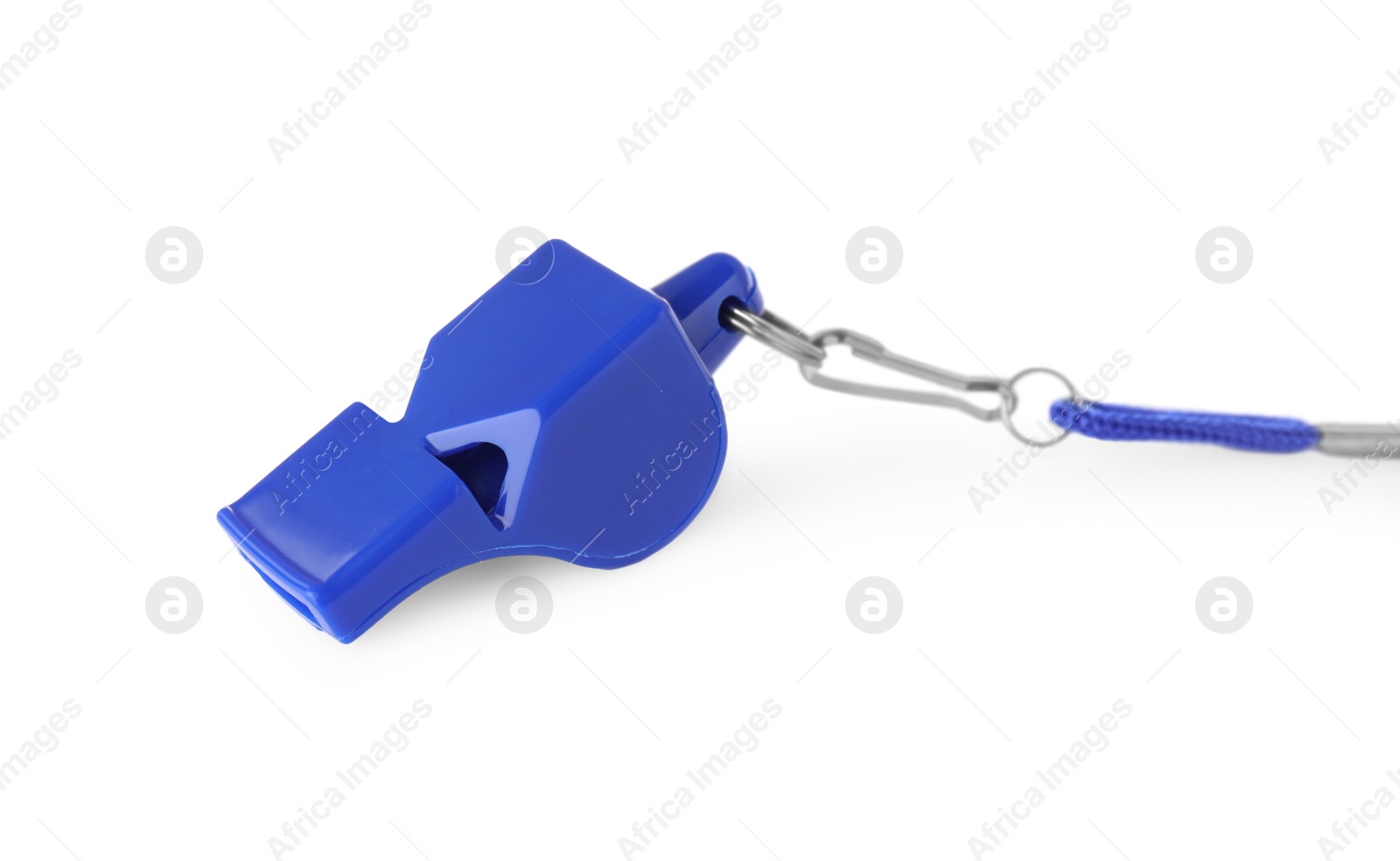 Photo of One blue whistle with cord isolated on white