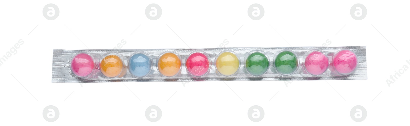 Photo of Package with many bright gumballs isolated on white, top view